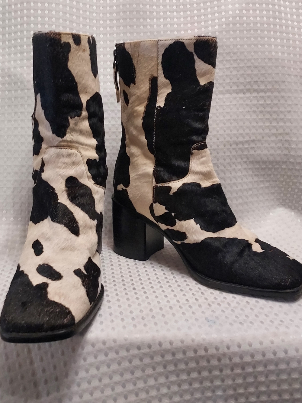 Black and White Cow-Print Mid-Calf Block Heel Boots - Leather